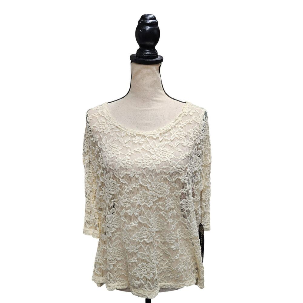 Dantelle Lace Cottagcore Top Sz L-XL Sheer Feminine Dainty 3/4 Sleeve